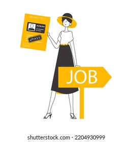 The girl passed the job test. Lineart minimalistic style. Isolated. Vector illustration.