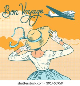 girl passenger plane Bon voyage pop art retro style. Girl meets or sees off the plane.