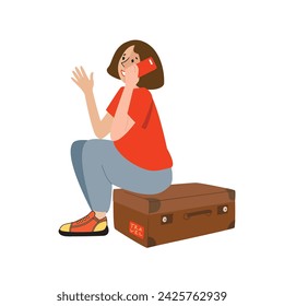Girl passenger sitting with suitcase, talking by phone. Young woman tourist waiting summer trip with luggage, speaking by smartphone with friends. Hand drawn vector illustration. Flat design.