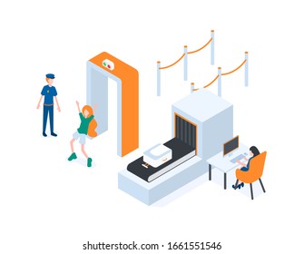 A girl passes a control checkpoint at the airport. Vector isometric illustration.