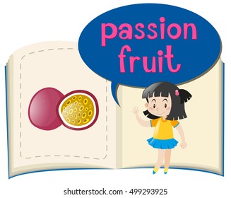 Girl and passion fruit in the book illustration