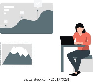 Uma menina apaixonadamente imersa em design gráfico, criando arte digital vibrante e logotipos elegantes. Seu espaço de trabalho é adornado com um tablet, caderno de desenhos e um computador cantarolado com software criativo.