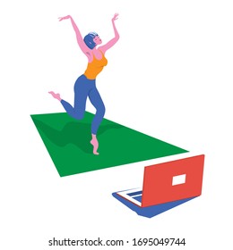 The Girl Is Passionately Involved In Dancing, Fitness Training Online During The Quarantine Of The COVID-19 Epidemic. Cute Character Flat Design Vector Illustration. Concept Of Stay Home