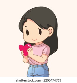 A girl in a pastel pink T-shirt holds a pink heart in her hands. She is in love. Happy moment. In relationship. Casual outfit, Cartoon character vector Illustration in anime style. Freehand drawing