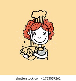 Girl pastry chef on an isolated background. Cooking, sweets concept. Logo for the website of a pastry shop or coffee shop. Hand drawing style, Doodle. Black line. Menu design, logo, website.Vector.