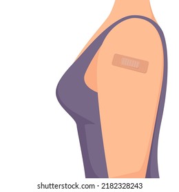 Girl with patch on arm who was vaccinated. Vaccination time concept. A pretty woman was getting vaccinated. Illustration for medical theme, vaccination