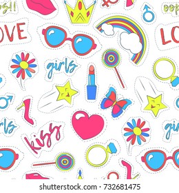 Girl Patches Sticker Background Pattern on a White Trendy Fashion Badges with Lips, Heart, Star, Sunglass. Vector illustration