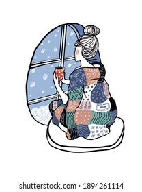 Una muchacha en un tendedero de patchwork con una taza de té roja en la ventana admira la nieve y medita sentado en una almohada. Ilustración vectorial de línea dibujada a mano, impresión de camisetas, postal, afiche.