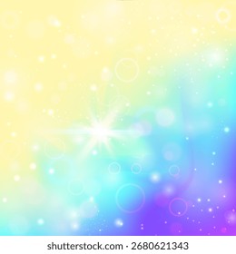 Mädchenmuster. Regenbogen-Hintergrund. Farbiges Lila-Hologramm. Holografische mystische Wirkung. Pink Kawaii Einladung. Purple Galaxy Gradient. Magischer Glitter. Neonmädchenmuster.