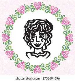 Girl and pattern romantic frame of hearts. Vector illustration