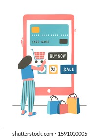 Girl paying with credit card flat vector illustration. Shopper ordering goods online cartoon character Mobile shopping app. Contactless, cashless payment option. E payment, e commerce concept.