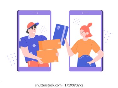 Girl pays for goods online by credit card. Courier and customer. Mobile application delivery service. Technology and shopping with a smartphone. Vector flat illustration.