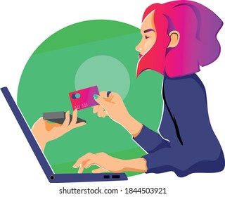 Girl pays for the purchase with a card in internet