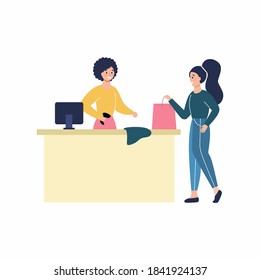 The girl pays for the purchase at the checkout. A woman buys clothes in a store. Vector flat character. Online shopping via the Internet.
