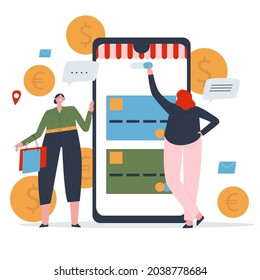 A girl pays for a purchase on her phone. A friend with bags is standing next to her. Online shopping concept. Flat vector illustration. 