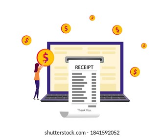 The girl pays for purchases and receives an online check. The concept of Online payment. Laptop on the desktop. Vector illustration in flat style.