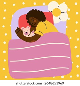 Girl peacefully sleeping in bed hugging teddy bear. Cozy bedtime scene in flat cartoon style. Night rest, comfort, childhood concept.