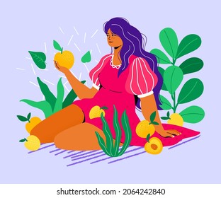 Girl with peaches - colorful flat design style illustration with a cartoon character. Strong independent beautiful woman sitting on a picnic. Fruit delight, summer vacation, juicy life idea