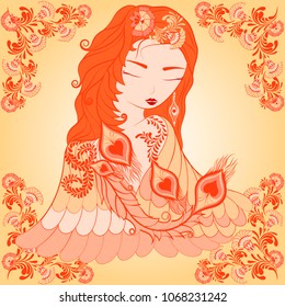 a girl with peacock feathers