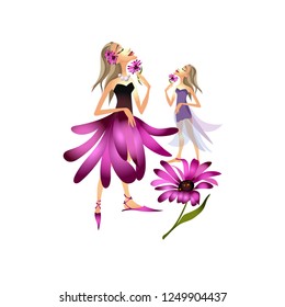 girl with pearl beads and flowers on white background