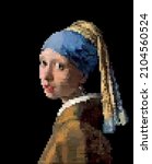 GIRL WITH A PEARL EARRING. Crypto art - art piece and artwork as digital pixelated canvas. Vector illustration.