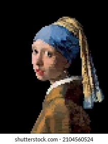 GIRL WITH A PEARL EARRING. Crypto art - art piece and artwork as digital pixelated canvas. Vector illustration.