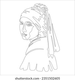 A girl with a pearl earring drawn with a continuous line. Line art on a white background. Monochrome minimalistic drawing. Black outline, solid line drawing.