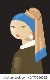 Girl With A Pearl Earring. Jan Vermeer Inspired. Abstract Art, Flat Vector Painting. 