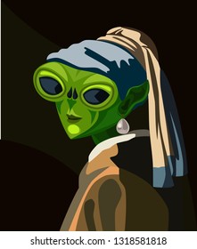 Girl with Pearl Earring as Martian lady funny picture. Vector illustration