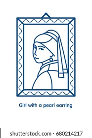 Girl with a pearl earring. Painting by the artist Vermeer. Icon vector line.