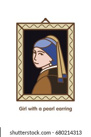 Girl With A Pearl Earring. Painting By The Artist Vermeer. Icon Vector.