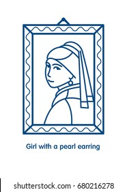 Girl With A Pearl Earring. Painting By The Artist Vermeer. Icon Vector Line.