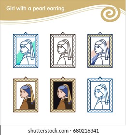 Girl With A Pearl Earring. Painting By The Artist Vermeer. Set Of Vector Icons.