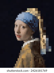 Girl with a pearl earring painting in pixel art. Famous painting in pixel style, Vector Illustration.