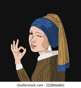 Girl with a pearl earring. Painting reproduction. Show gesture ok. drawn in vector. Print for clothes. Creative print on a T-shirt.