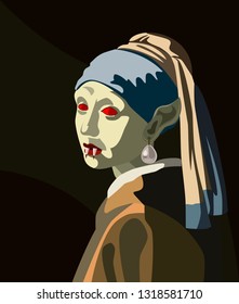 Girl with Pearl Earring as Vampire lady, funny picture. Vector illustration