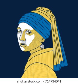 Girl with a Pearl Earring. Vector illustration. T-Shirt Design and Printing, clothes.