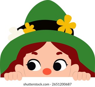 Girl Peeking Green Hat Flower Illustration peeking, Happy St. Brigid’s Day