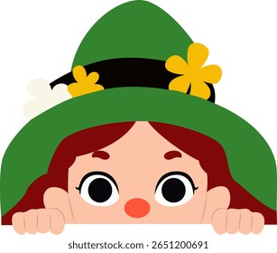Girl Peeking Green Hat Flower Design peeking, Happy St. Brigid’s Day