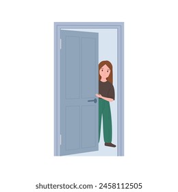 Girl peeking out from behind gray door, child standing in doorway vector illustration