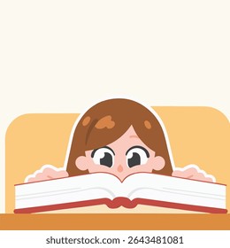 Girl Peeking Over Book, Cartoon Illustration, Education Concept