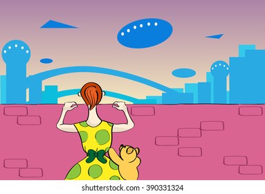 Girl Peeking Over Fence Big Brick Wall, Look At Modern City With Small Toy Bear Rear View Flat Vector Illustration