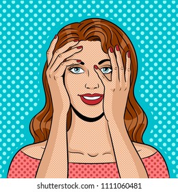 Girl peeking through fingers pop art retro vector illustration. Comic book style imitation.