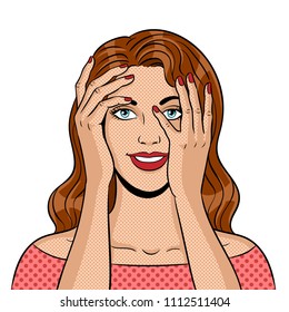 Girl peeking through fingers pop art retro vector illustration. Isolated image on white background. Comic book style imitation.