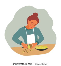 Girl peeling potatoes for cooking. A young woman with a knife and a vegetables prepares food. Vector flat cute illustration