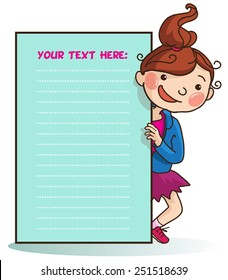 Girl peeping behind one placard.Back to School isolated objects on white background. Great illustration for a school books and more. VECTOR. Editorial. Education. Advertising. Board.