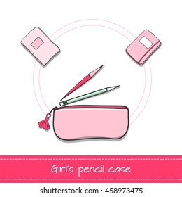 Girl pencil case icon vector. School illustration in girl's pink color. Case with pencil, ink pen and notebooks.