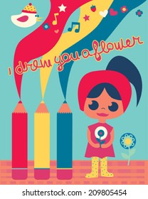 girl with pencils and flowers