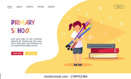 Girl with pencils and pile of books. Primary school, Education, Back to school, Kids classes, Stationery store concept. Vector illustration for poster, banner, website.