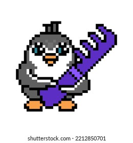 Girl penguin holding a big violet comb, pixel art animal character on white background. Old school retro 80s-90s 8 bit slot machine, video game graphics. Hair care logo. Hairdresser or barber mascot.